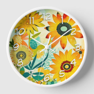 Pretty Folk Art Yellow Flowers Clock