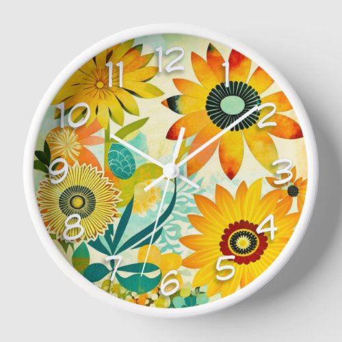 Pretty Folk Art Yellow Flowers   Clock