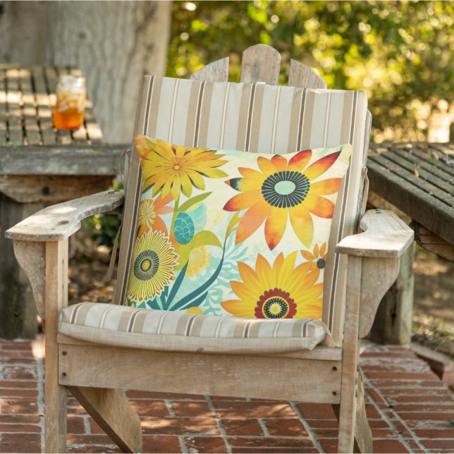 Pretty Folk Art Yellow Flowers   Outdoor Pillow (Chair)