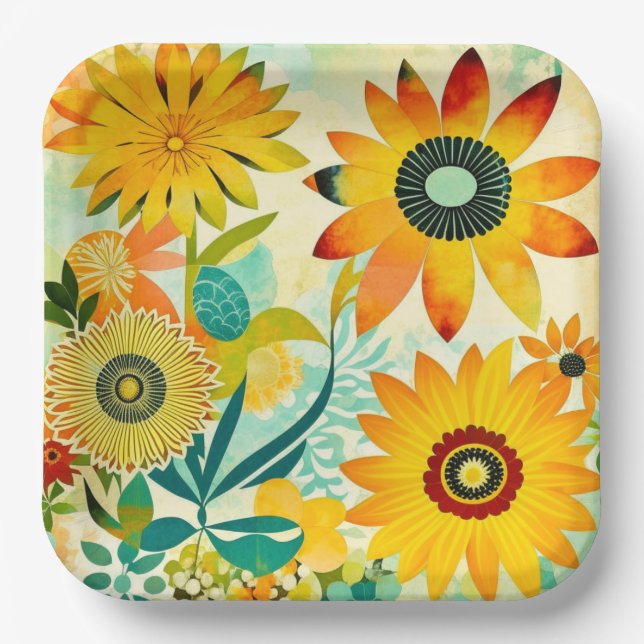 Pretty Folk Art Yellow Flowers   Paper Plates (Front)