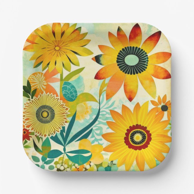 Pretty Folk Art Yellow Flowers   Paper Plates (Front)