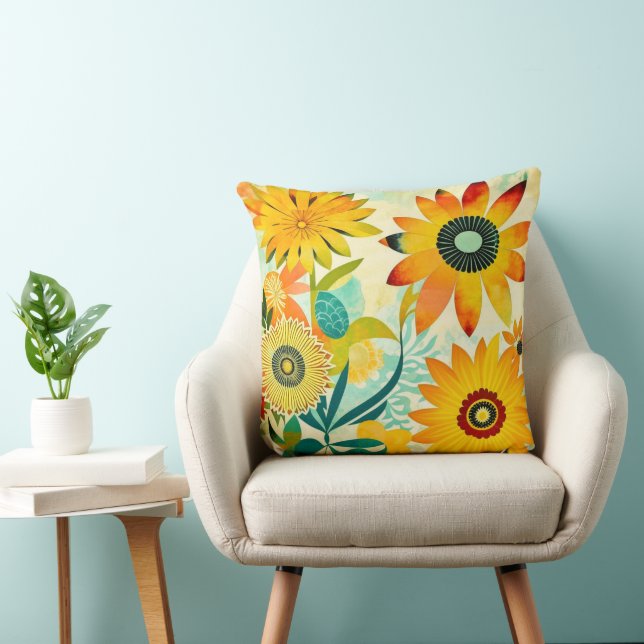 Pretty Folk Art Yellow Flowers   Throw Pillow (Chair)