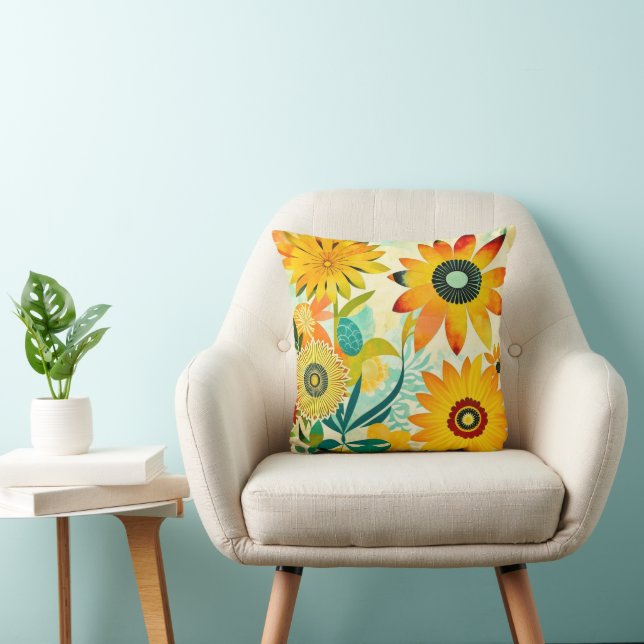 Pretty Folk Art Yellow Flowers   Throw Pillow (Chair)