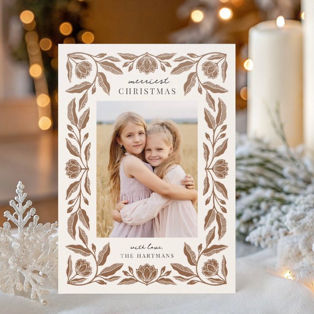 Pretty Folk Floral Frame Christmas Holiday Photo L Letterpress Photo Cards (Creator Uploaded)