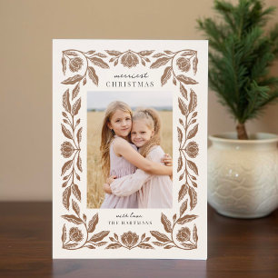 Pretty Folk Floral Frame Christmas Holiday Photo Letterpress Photo Cards
