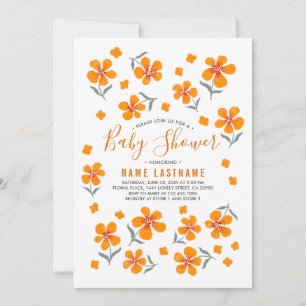 Pretty folk orange flowers White Girl Baby Shower Invitation