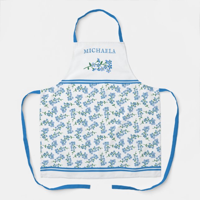 Pretty Forget Me Not Pattern Blue Name Apron (Front)