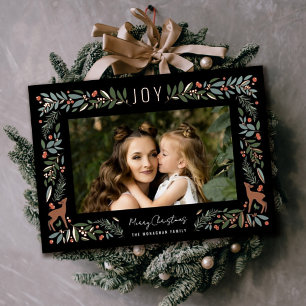 Pretty Frame Little Deer   Black Photo Christmas   Foil Holiday Card