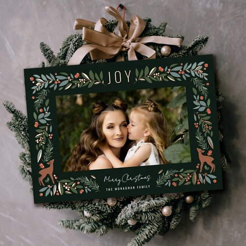 Pretty Frame Little Deer  Green Photo Christmas   Foil Holiday Card