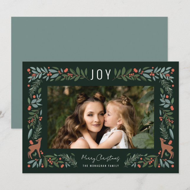 Pretty Frame Little Deer | Green Photo Christmas   Holiday Card (Front/Back)