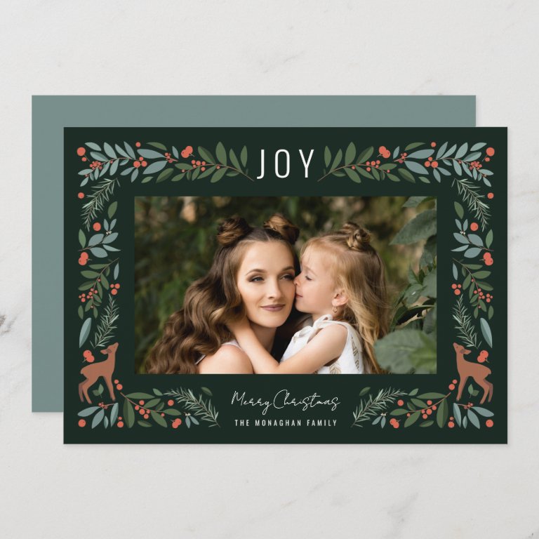 Pretty Frame Little Deer | Green Photo Christmas Holiday Card