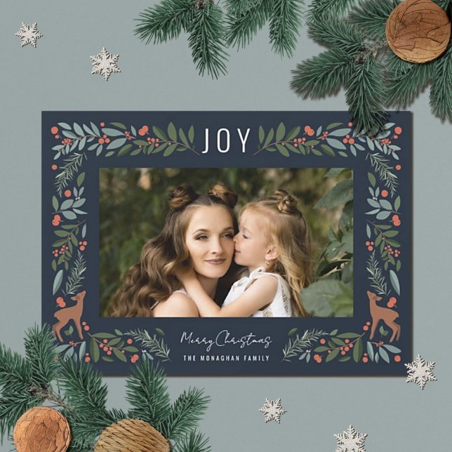 Pretty Frame Little Deer | Navy Photo Christmas   Holiday Card (Creator Uploaded)