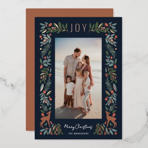 Pretty Frame Little Deer  Navy  Vertical Photo Foil Holiday Card