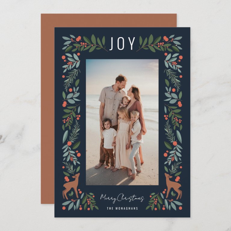 Pretty Frame Little Deer | Navy | Vertical Photo Holiday Card