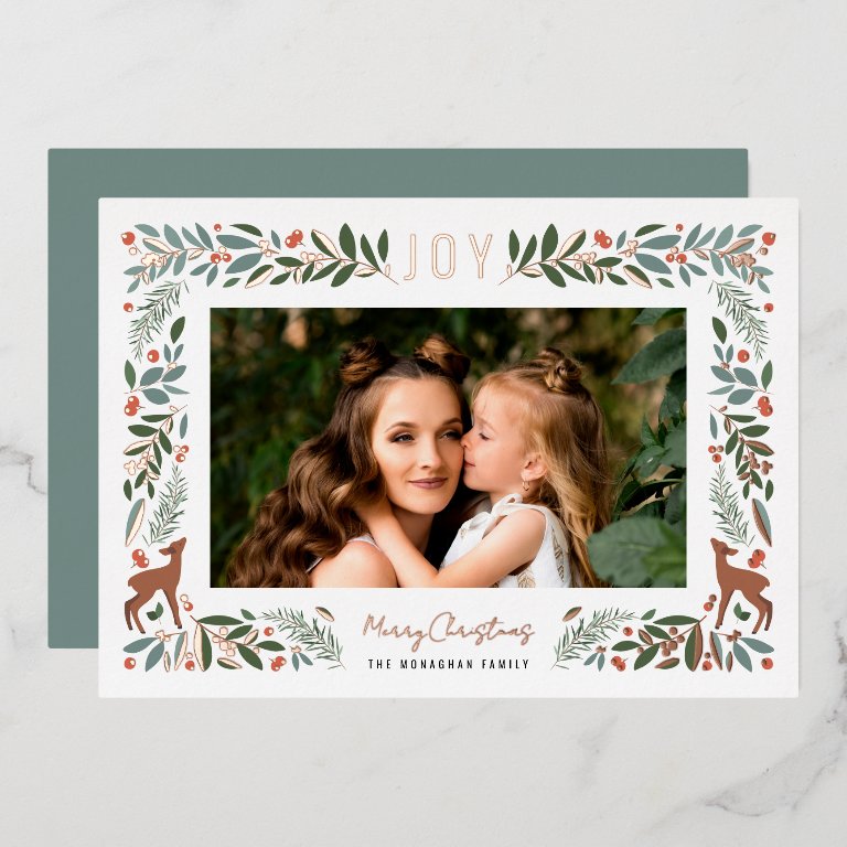 Pretty Frame Little Deer | White Photo Christmas Foil Holiday Card