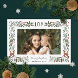 Pretty Frame Little Deer | White Photo Christmas   Holiday Card<br><div class="desc">This gorgeous photo holiday card features a detailed foliage frame, which includes leaves, pine boughs, berries, and two cute little deer, along with simple typography at the top reading, "JOY." Both the photo template and card orientation are horizontal. Easy to personalize for stylish cards to send to family and friends!...</div>