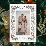 Pretty Frame Little Deer | White | Vertical Photo  Holiday Card<br><div class="desc">This gorgeous photo holiday card features a detailed foliage frame, which includes leaves, pine boughs, berries, and two cute little deer, along with simple typography at the top reading, "JOY." Both the photo template and card orientation are vertical. Easy to personalize for stylish cards to send to family and friends!...</div>