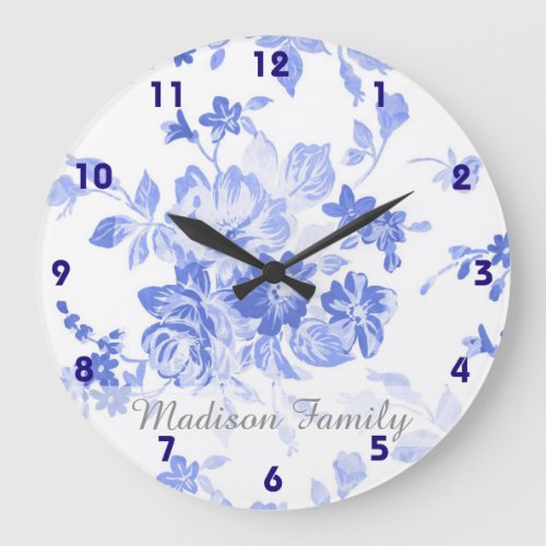 pretty french blue delft look blue white floral large clock