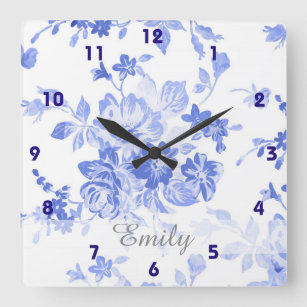 pretty french blue delft look blue white floral square wall clock