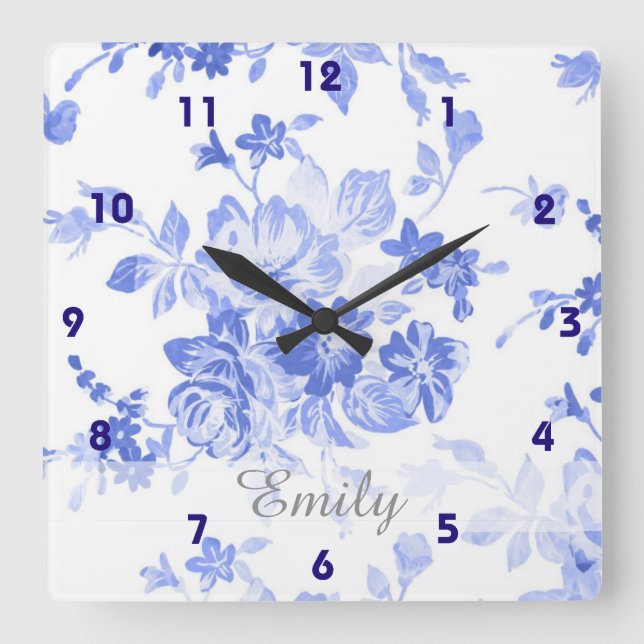 pretty french blue delft look blue white floral square wall clock (Front)