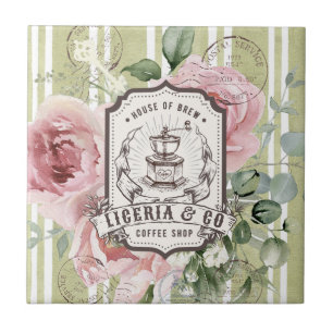 Pretty French Shabby Chic Retro Coffee shop logo Ceramic Tile