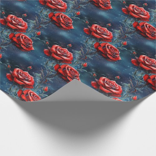 Pretty Frosty Red Roses at Night Wrapping Paper