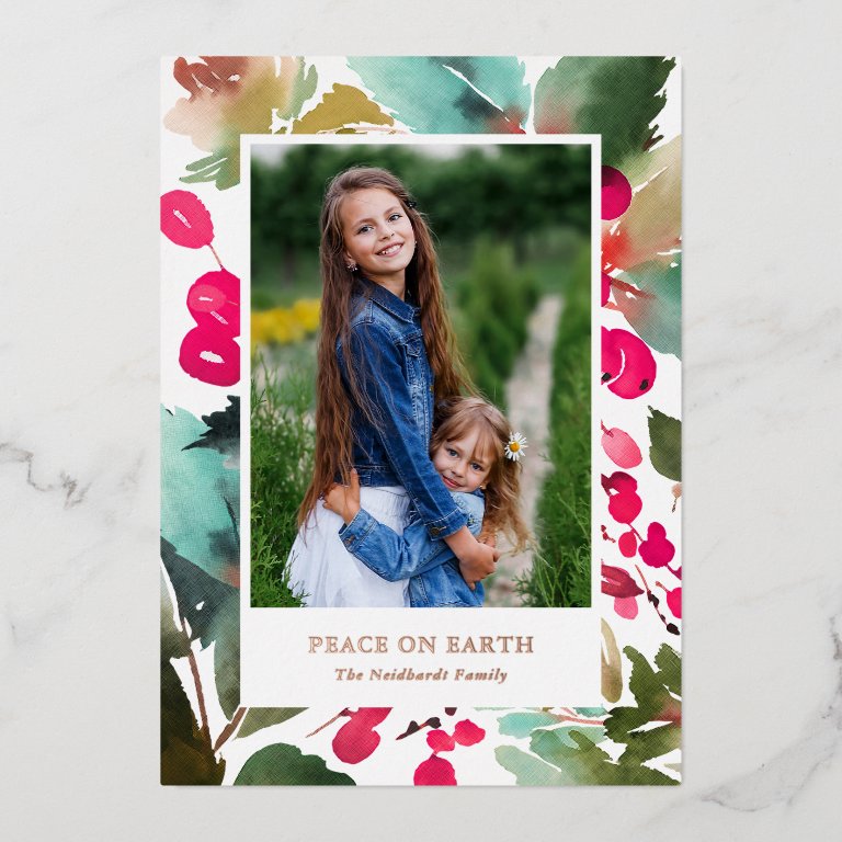 Pretty Fuchsia Watercolor Berries Christmas Photo Foil Holiday Card