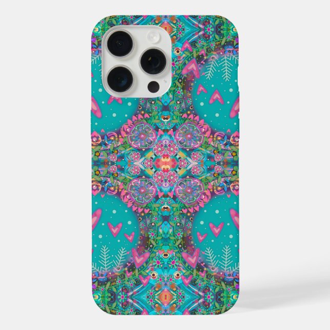 Pretty Fun Blue Boho Hearts Flowers Pattern  Iphone Case (Back)