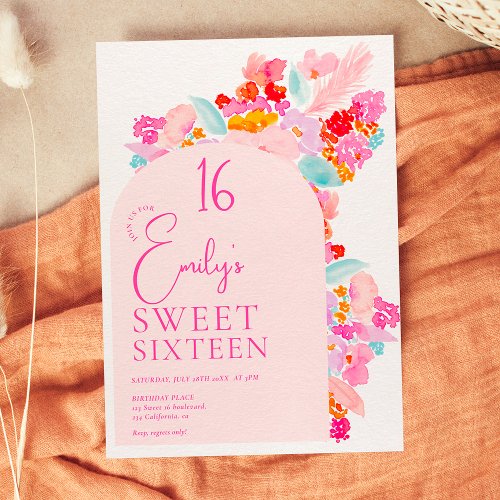 Pretty garden bold pink floral sweet 16 invitation