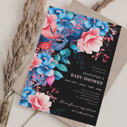 Pretty Garden Floral Baby Shower Black  Invitation