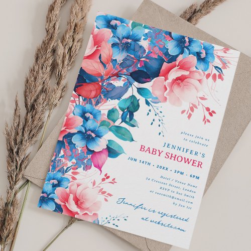 Pretty Garden Floral Baby Shower Blue Pink Invitation