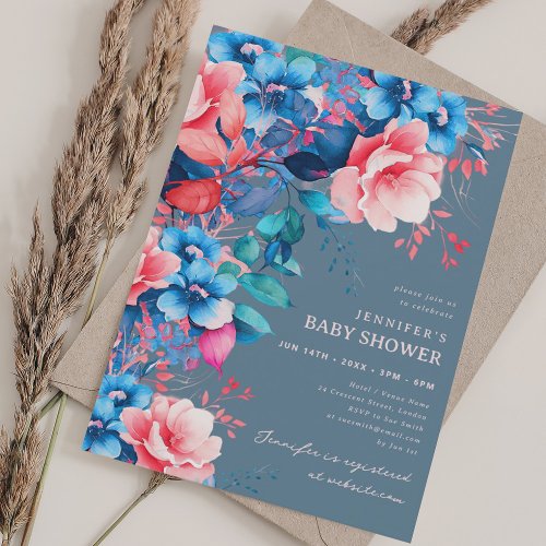 Pretty Garden Floral Baby Shower Dusty Blue Invitation