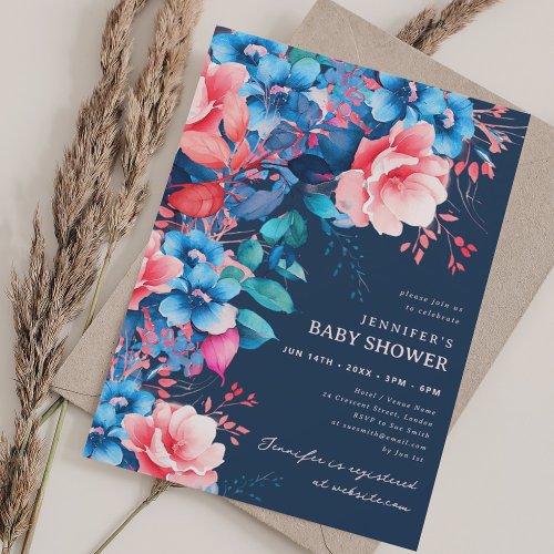 Pretty Garden Floral Baby Shower Navy Blue Invitation