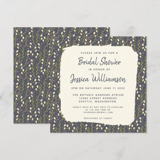 Pretty Garden Floral Navy Blue Bridal Shower Invitation (Front/Back)