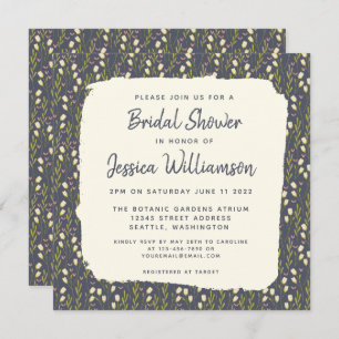 Pretty Garden Floral Navy Blue Bridal Shower Invitation
