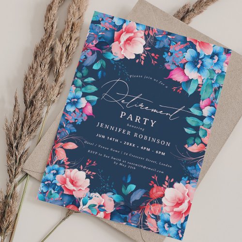 Pretty Garden Floral Retirement Party Navy Blue Invitation