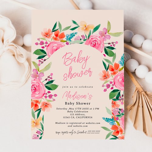 Pretty garden floral watercolor arch baby shower invitation
