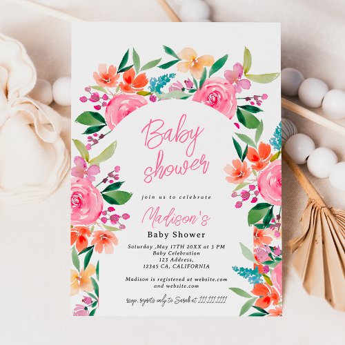 Pretty garden floral watercolor arch baby shower invitation
