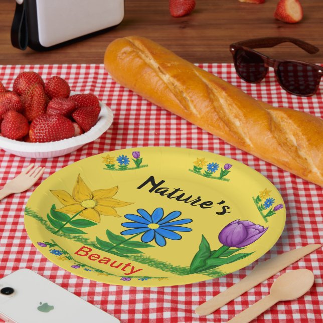 Pretty Garden Flowers Tulip Sunflower Blue Daisy Paper Plates (Picnic)