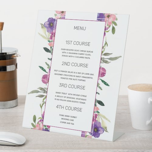 Pretty Garden Party Floral 4 courses Wedding Menu Pedestal Sign