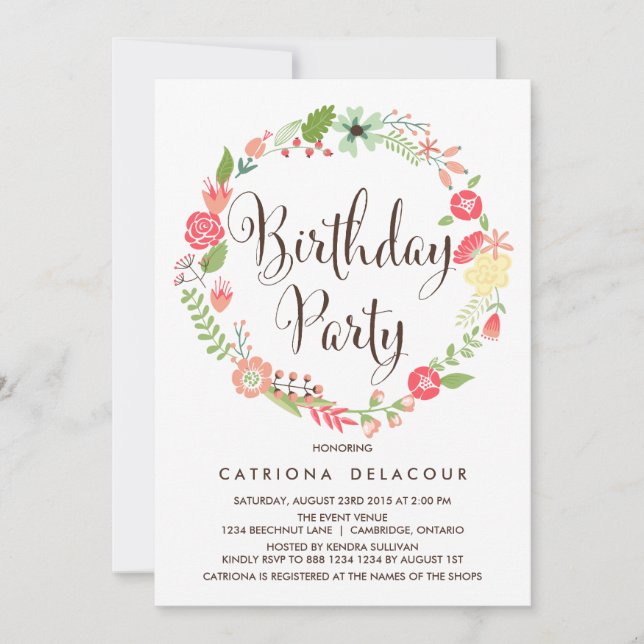 Pretty Garden Wreath Birthday Party Invitation (Front)