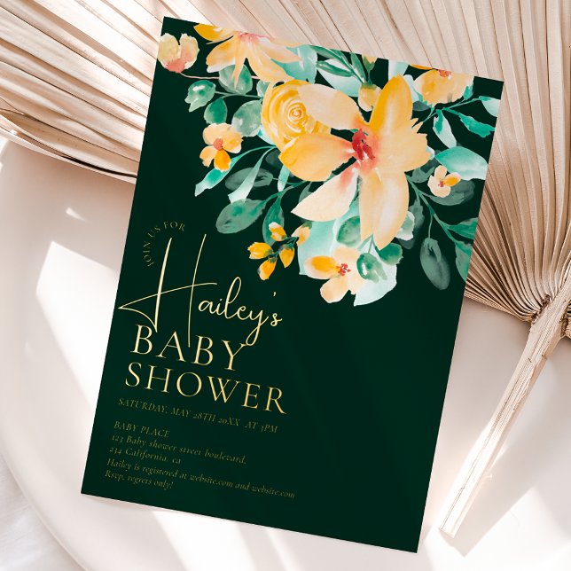 Pretty garden yellow green floral baby shower foil invitation (Pretty garden real gold foil yellow green floral baby shower invitation on green)