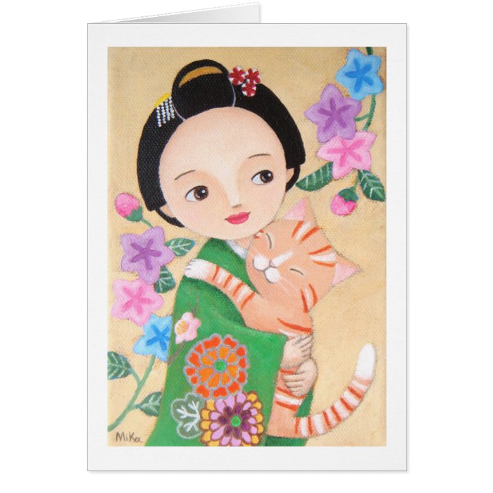 Pretty Geisha Girl and Cat Greeting Card