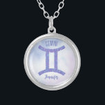 Pretty Gemini Astrology Sign Personalized Purple Silver Plated Necklace<br><div class="desc">This pretty purple and lavender Gemini necklace features your astrological sign from the Zodiac in a beautiful sparkle like the constellations. Customize this cute astrology symbol gift with your name in cursive script for someone with a late May or early June birthday.</div>