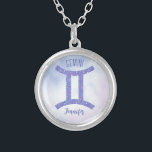 Pretty Gemini Astrology Sign Personalized Purple Silver Plated Necklace<br><div class="desc">This pretty purple and lavender Gemini necklace features your astrological sign from the Zodiac in a beautiful sparkle like the constellations. Customize this cute astrology symbol gift with your name in cursive script for someone with a late May or early June birthday.</div>