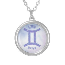 Pretty Gemini Astrology Sign Personalized Purple Silver Plated Necklace