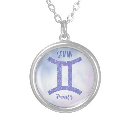 Pretty Gemini Astrology Sign Personalized Purple Silver Plated Necklace