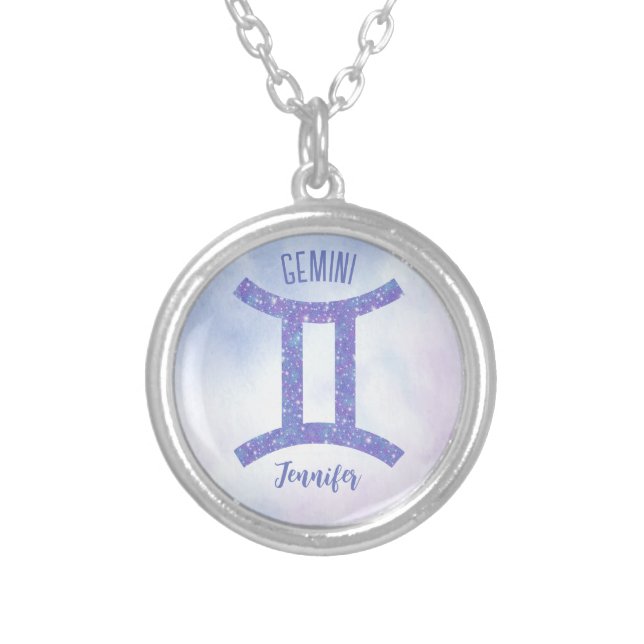 Pretty Gemini Astrology Sign Personalized Purple Silver Plated Necklace (Front)