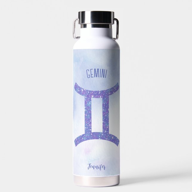 Pretty Gemini Astrology Sign Personalized Purple Water Bottle (Front)