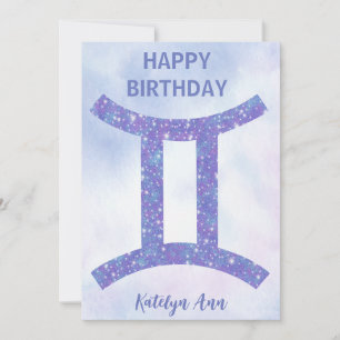 Pretty Gemini Sign Custom Purple Happy Birthday Card